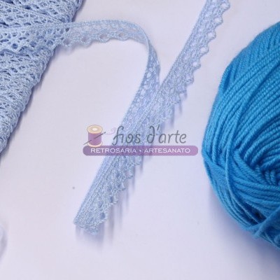 Fita de renda azul clara com linha azul eléctrico e lã azul sobre fundo branco