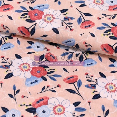 Tecido de algodão rosa claro com estampado floral azul e vermelho
