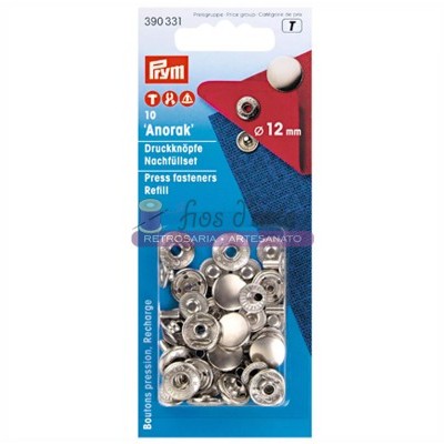 Embalagem de botões de pressão prateados Prym Anorak 12 mm, embalagem azul com texto e logotipo