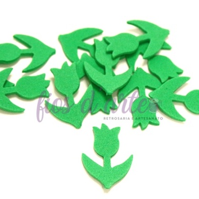 Formas de flores tulipas em feltro verde sobre fundo branco