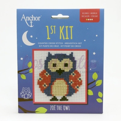 Kit ponto cruz Anchor 1st Kit Zoe the Owl coruja, embalagem azul com desenhos de folhas e lua