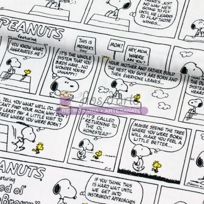 Pano tecido padrão banda desenhada Peanuts Snoopy Woodstock preto branco amarelo