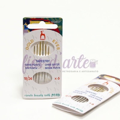 Embalagem de agulhas de tapeçaria Gold Eyes com 6 agulhas, texto multilingue