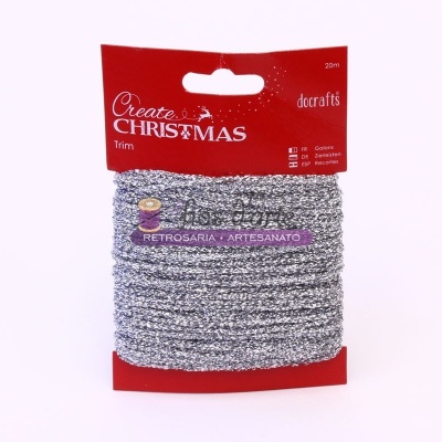 Cordão prateado decorativo em embalagem vermelha com texto Create CHRISTMAS