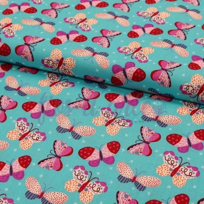 Tecido azul turquesa com padrão de borboletas coloridas