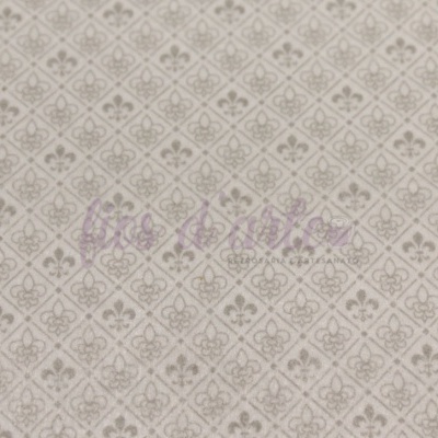 Papel de parede creme com padrão de flores de lis cinza e texto roxo