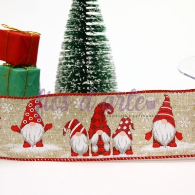 Fita decorativa de Natal com gnomos vermelhos em tecido