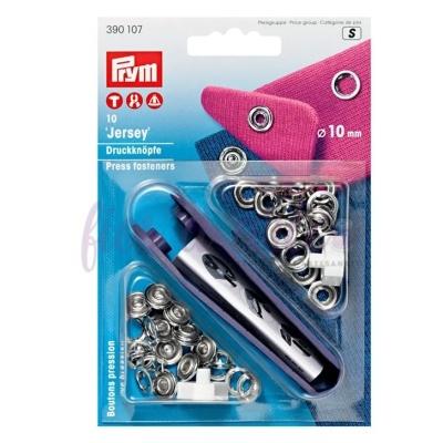 Embalagem Prym com 10 botões de pressão metálicos e ferramenta para aplicar
