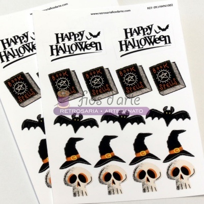 Autocolantes de Halloween com livros de feitiços, morcegos e caveiras com chapéus de feiticeiro.