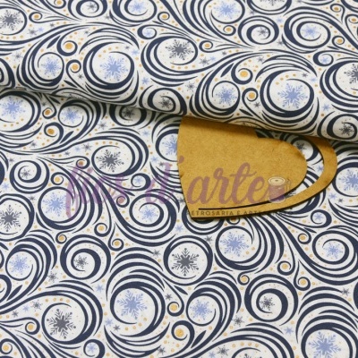 Tecido branco com padrão de círculos e espirais azuis e flocos de neve azuis