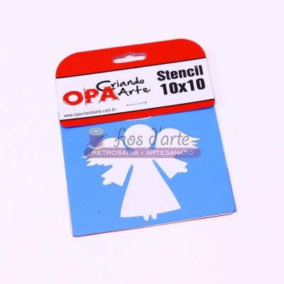 Stencil azul com desenho de anjo e embalagem vermelha e branca com texto.