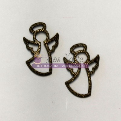 Dois pendentes de metal dourado em forma de anjo sobre fundo branco com texto Jos Arte
