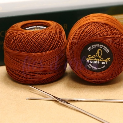 Novelos de fio de algodão castanho-alaranjado e agulhas de croché sobre mesa clara com caixa de fundo escuro