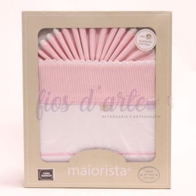 Conjunto para berço branco e rosa em embalagem bege com janela