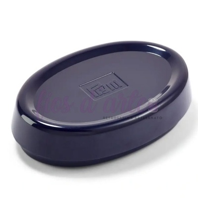 Saboneteira oval azul escura com relevo central com logo