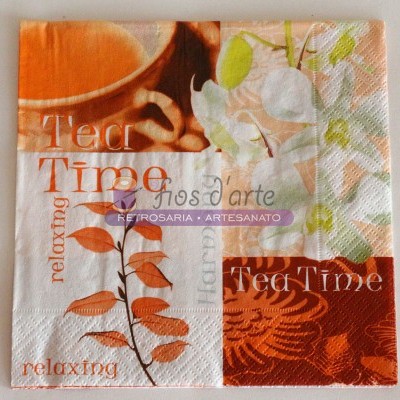 Guardanapo de papel decorativo com tema chá e folhas em tons laranja e branco