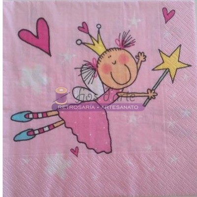 Guardanapo rosa com desenho de fada e corações