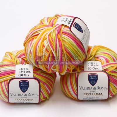 Três novelos de lã multicolorida Valeria di Roma ECO LUNA com etiquetas