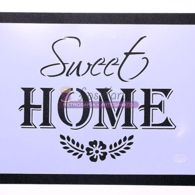 Placa decorativa Sweet HOME com moldura preta e fundo branco