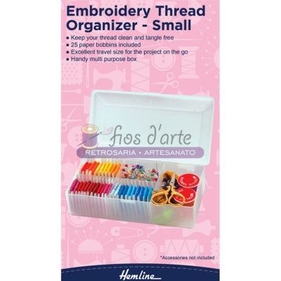 Organizador pequeno para fios de bordado com linhas coloridas e ferramentas de costura
