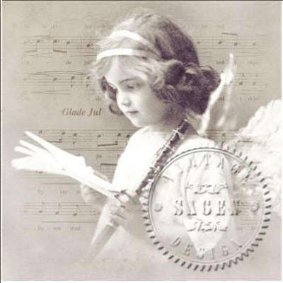 Imagem vintage em preto e branco de criança com fita e ramo de folhas sobre fundo de partituras