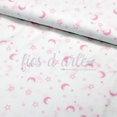 Tecido branco com luas e estrelas rosas e marca de água