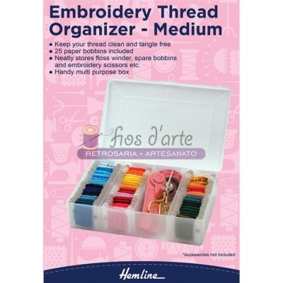 Organizador médio para linhas de bordado com várias bobinas coloridas em caixa transparente.