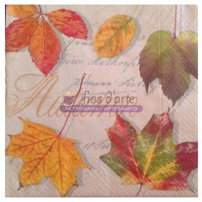 Guardanapo com folhas de outono coloridas e texto 'fios d'arte RETROSARIA • ARTESANATO'