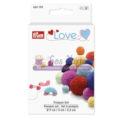 Caixa branca de conjunto de pompons coloridos PRYM Love com diferentes tamanhos