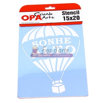 Stencil azul claro com desenho de balão de ar quente e texto 