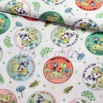 Tecido branco com padrão infantil colorido de criança e dinossauro em círculos