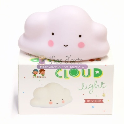 Luminária de nuvem rosa sorridente sobre caixa com texto e ilustração colorida