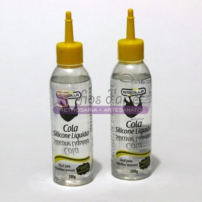 Duas garrafas transparentes de cola de silicone líquida cor laranja com tampas amarelas