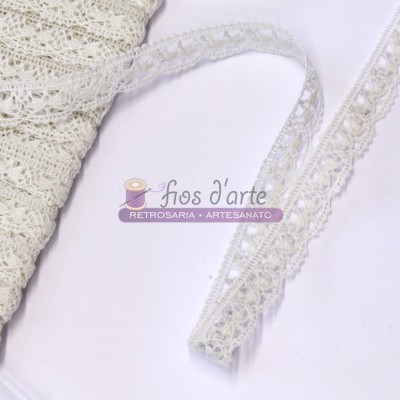 Renda branca fina com padrão floral e detalhes em ponto picô junto a cartão de papel com texto.