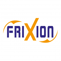 Logotipo FRIXION com letras azuis e elementos laranja