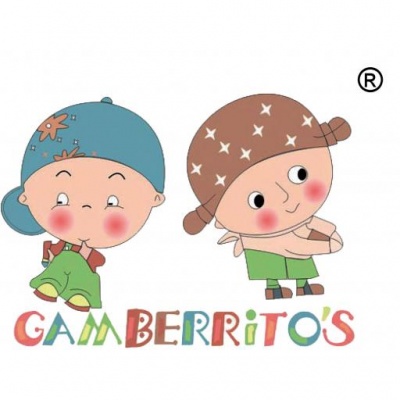 Logotipo com dois personagens infantis e o texto GAM BERRITOS colorido