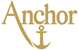 Logótipo dourado da marca Anchor com âncora estilizada