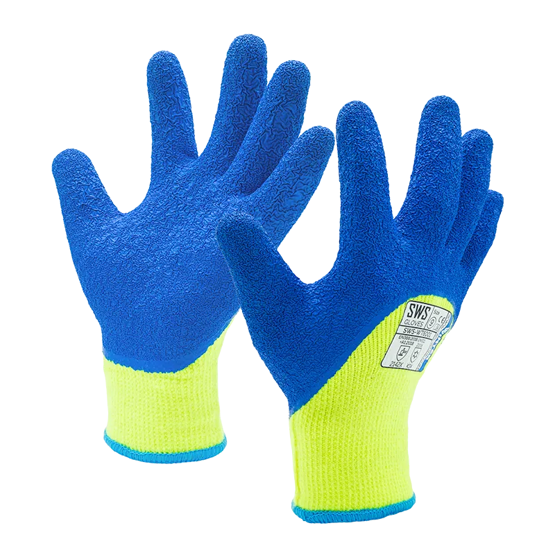 Par de luvas de trabalho amarelas e azuis com revestimento emborrachado texturizado
