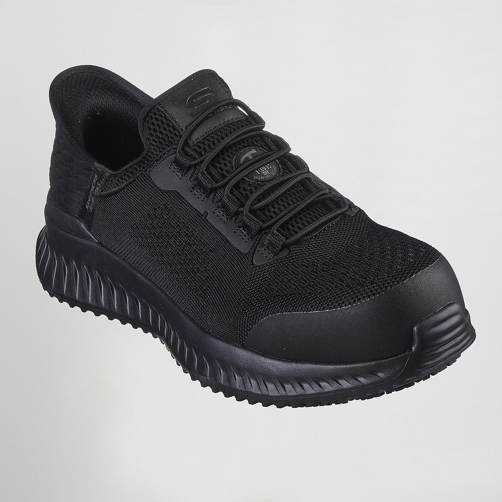 Ténis desportivo preto Skechers em malha e borracha com sola texturada
