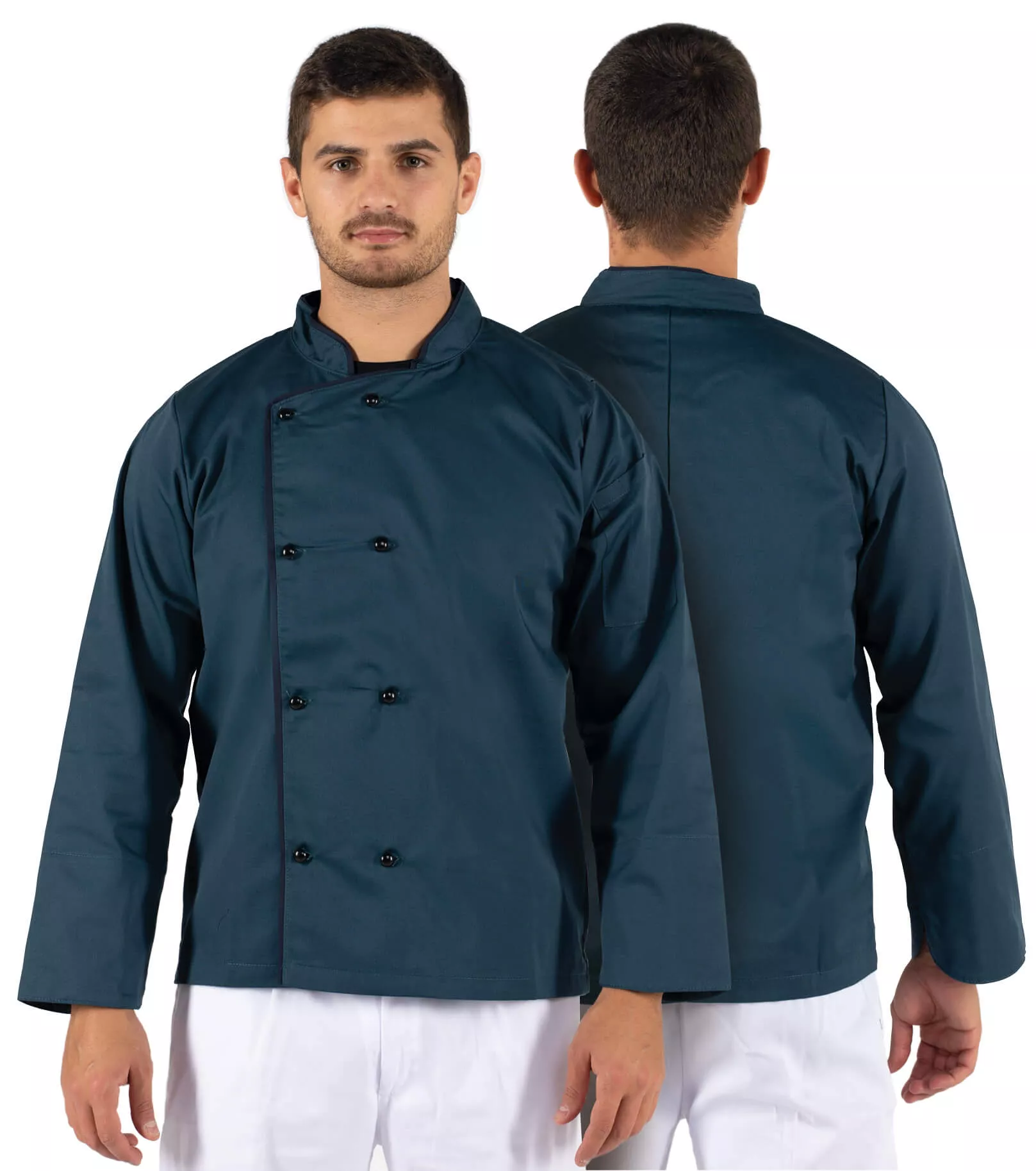 Casaco de chef azul escuro com botões pretos e gola mandarim, frente e costas mostradas