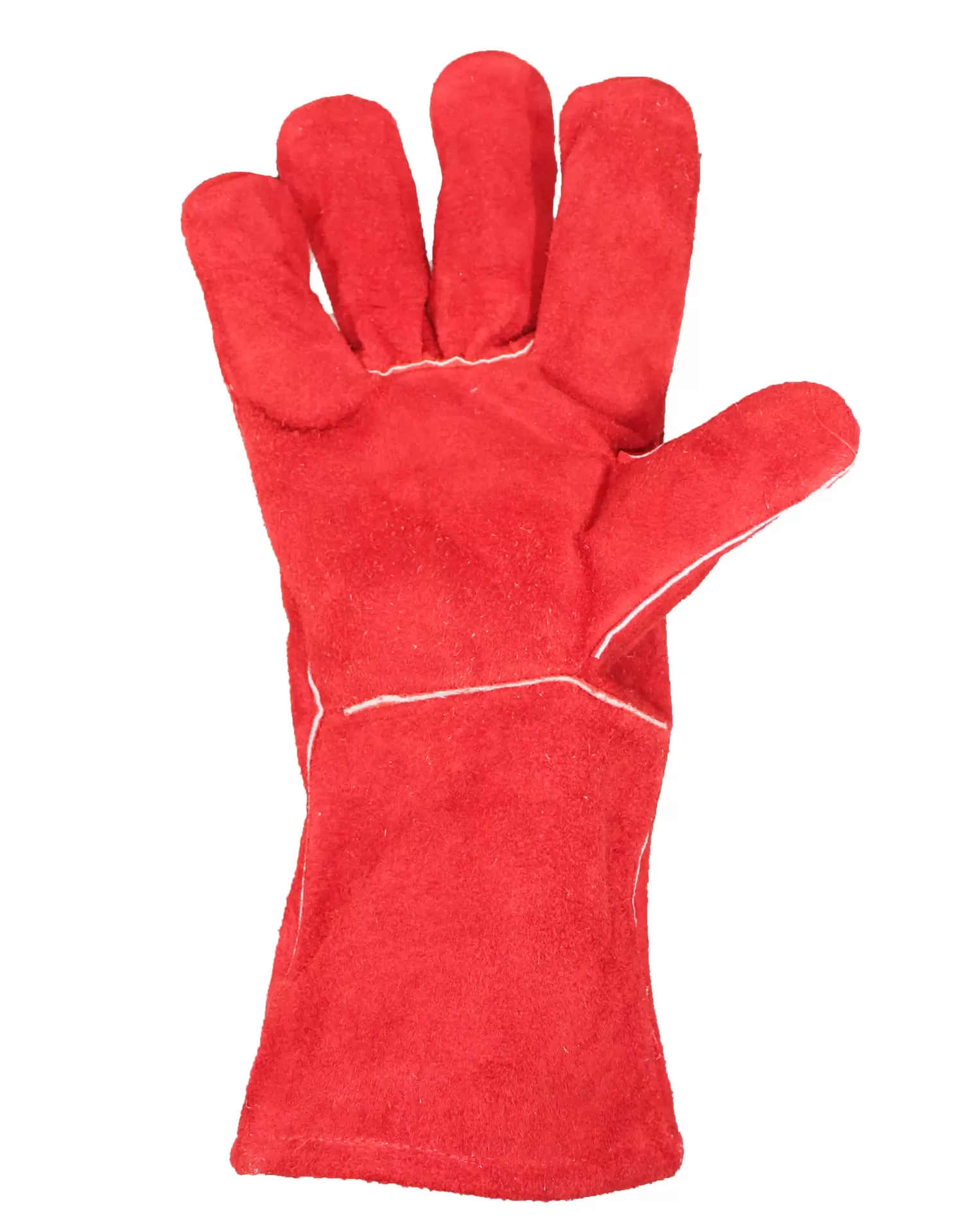 Luva de proteção vermelha em camurça com costuras brancas