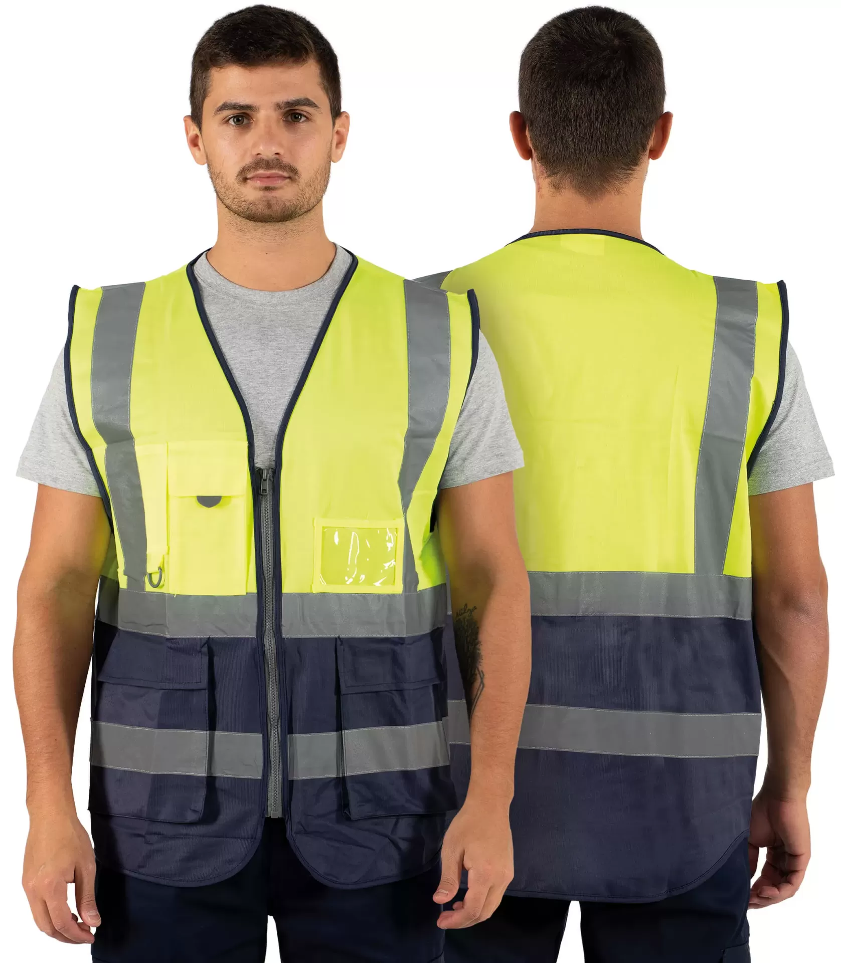Colete de trabalho amarelo fluorescente e azul com faixas refletoras mostrado de frente e costas