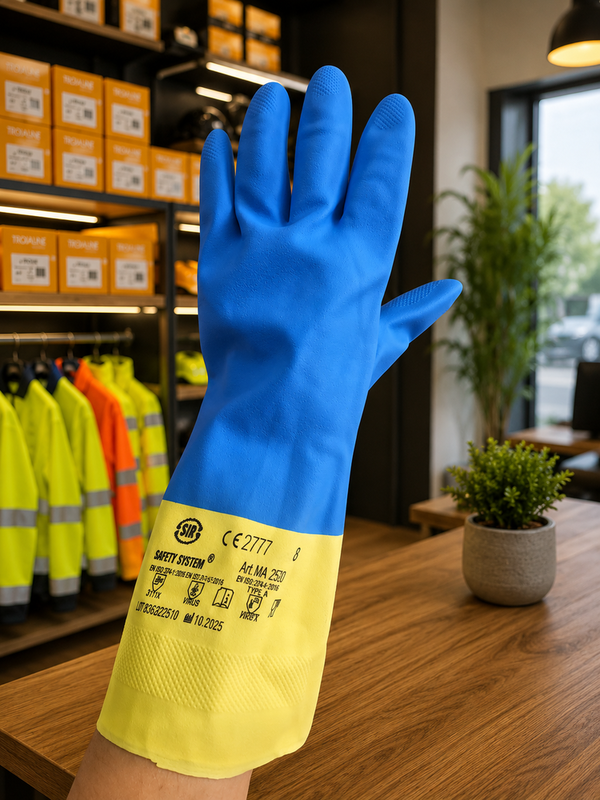 Luva de proteção azul e amarela em mão, com texto e logo, em loja de equipamentos de segurança.