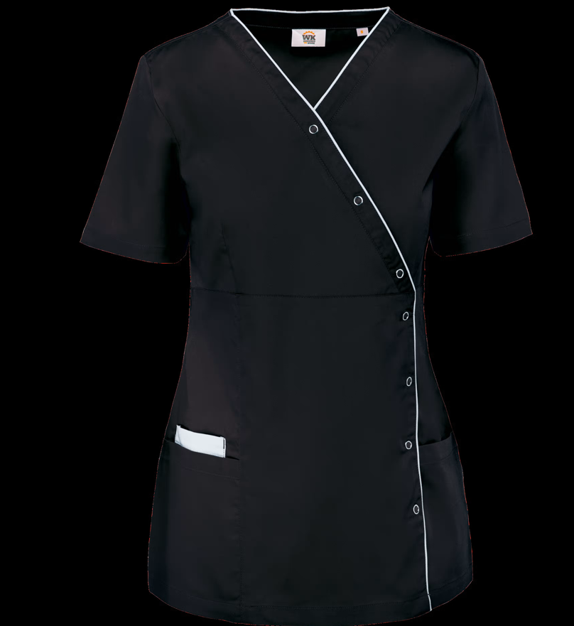 Blusa feminina preta com gola em V e botões de pressão