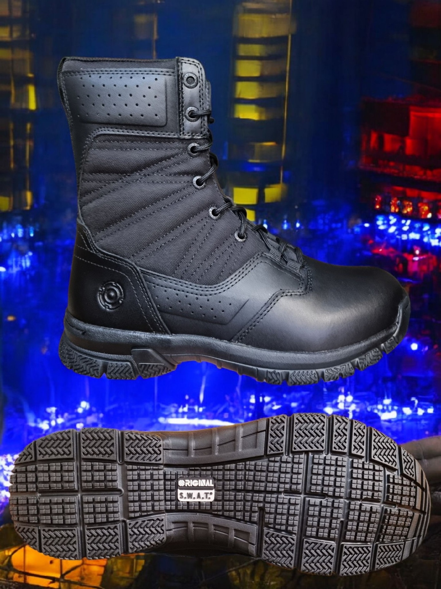 Bota tática preta, sola com texto ORIGINAL S.W.A.T., fundo colorido desfocado
