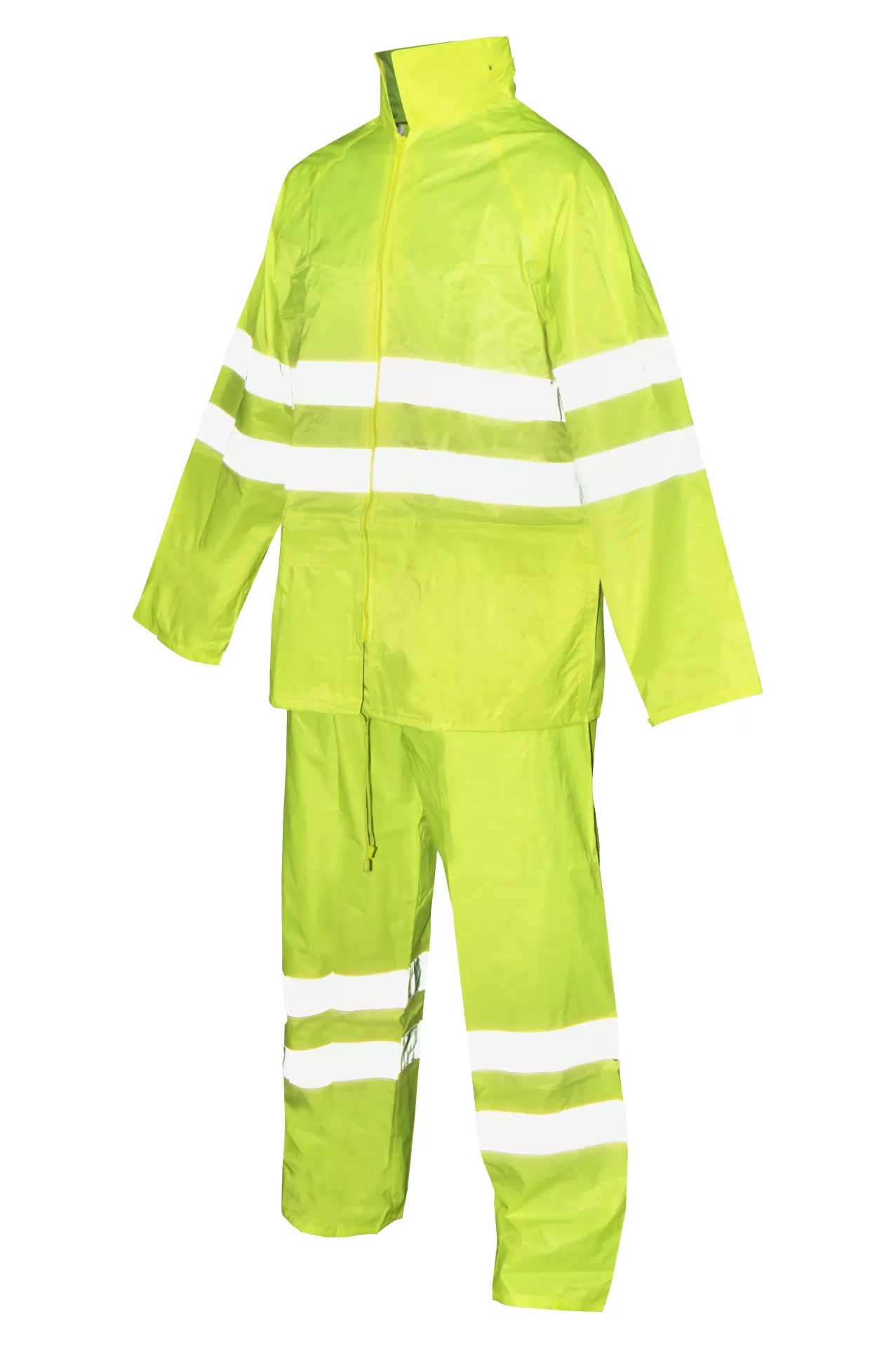 Fato impermeável amarelo fluorescente com faixas reflectoras brancas.