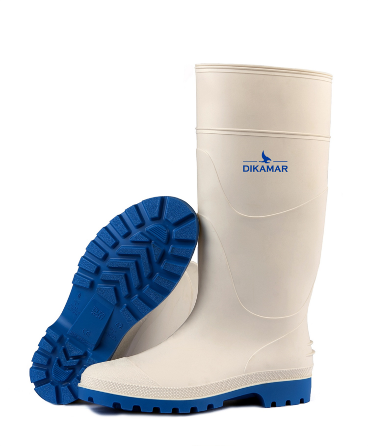 Botas de borracha brancas com sola azul e logo DIKAMAR