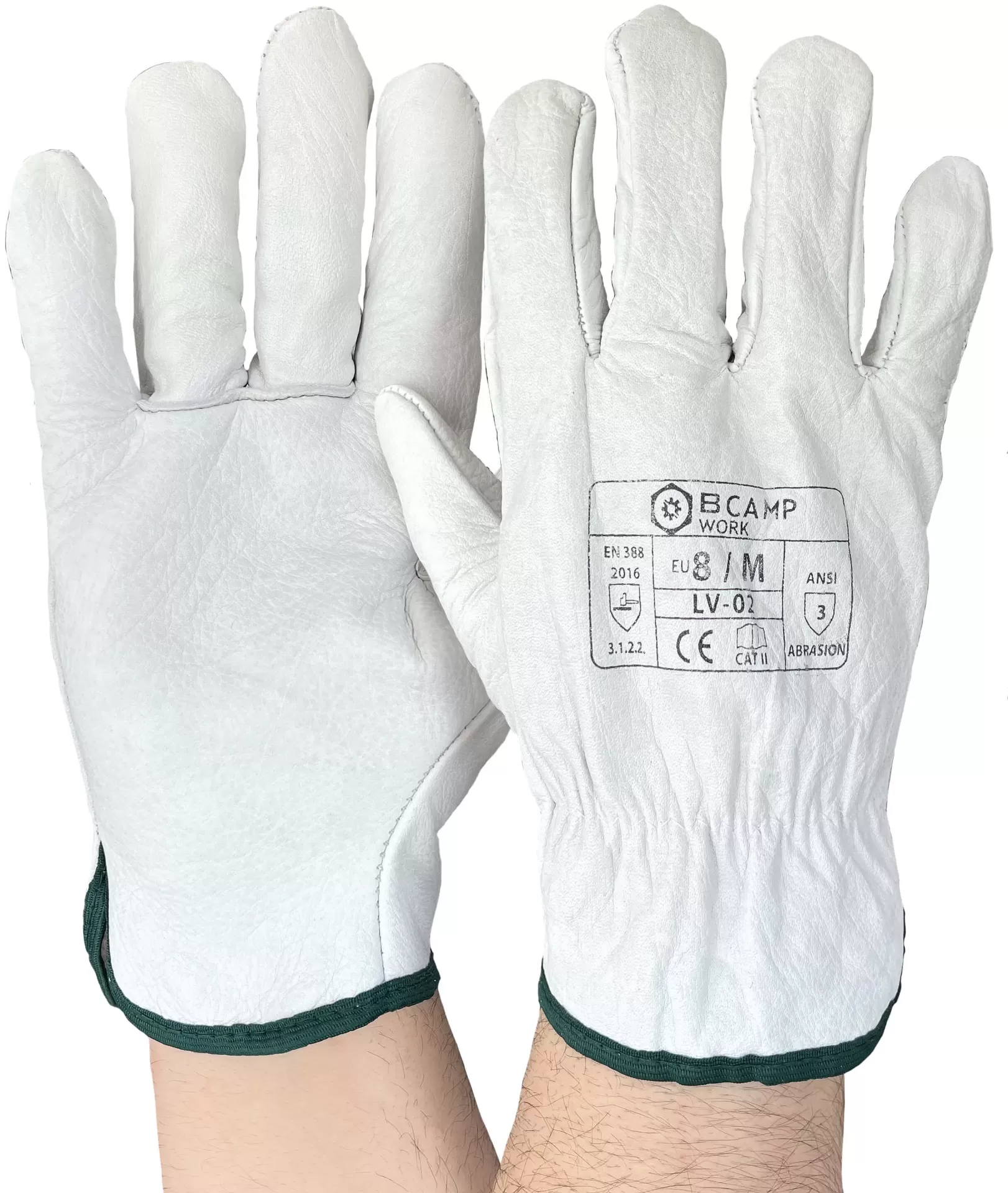 Par de luvas brancas de pele para trabalho com punho verde e marcações impressas.