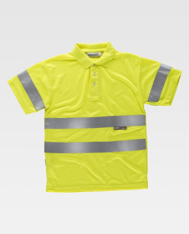 Polo de trabalho amarelo fluorescente com faixas refletoras cinzentas