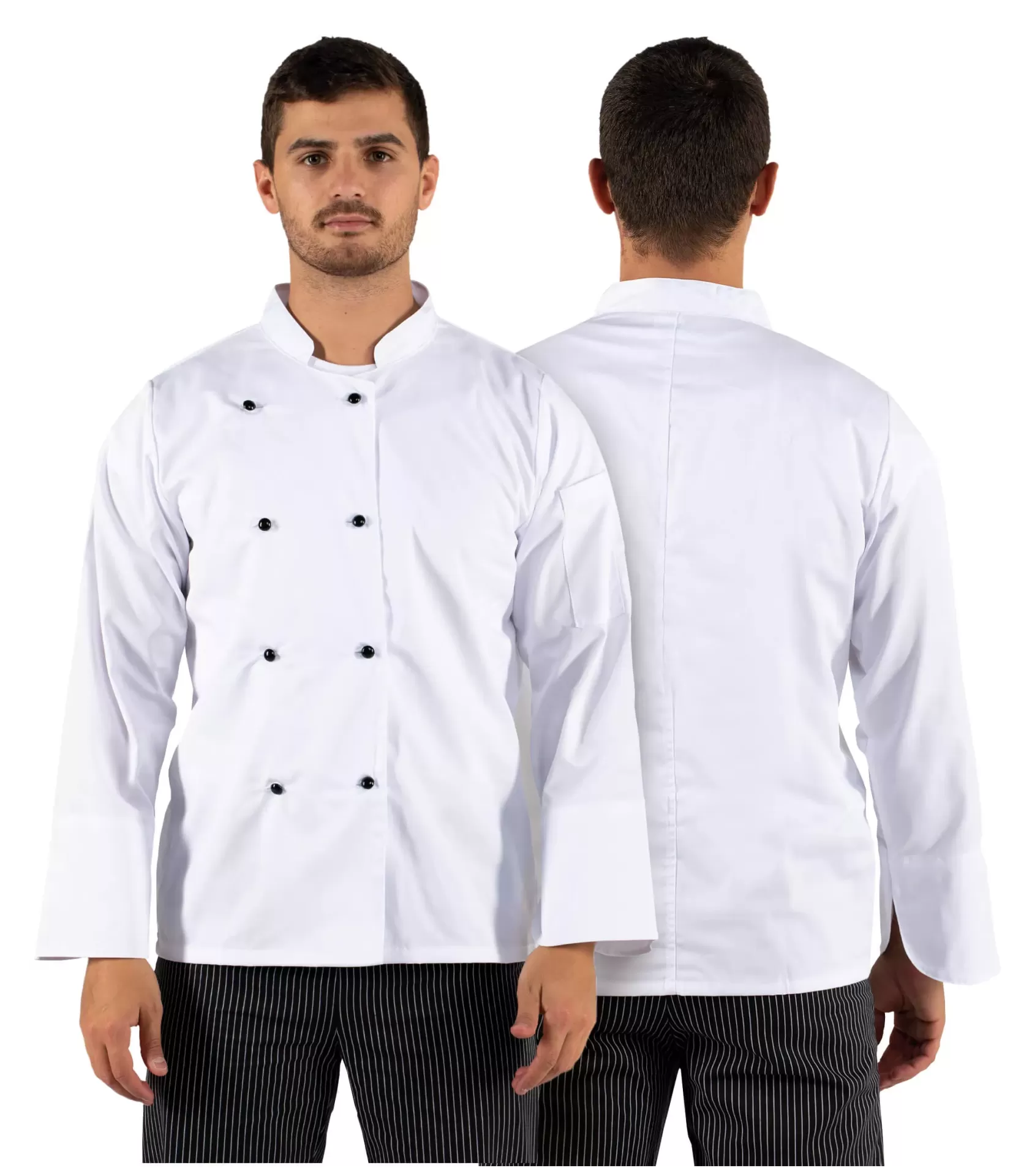 Casaco de chef branco com botões pretos, frente e costas, usado por modelo com calças pretas listradas